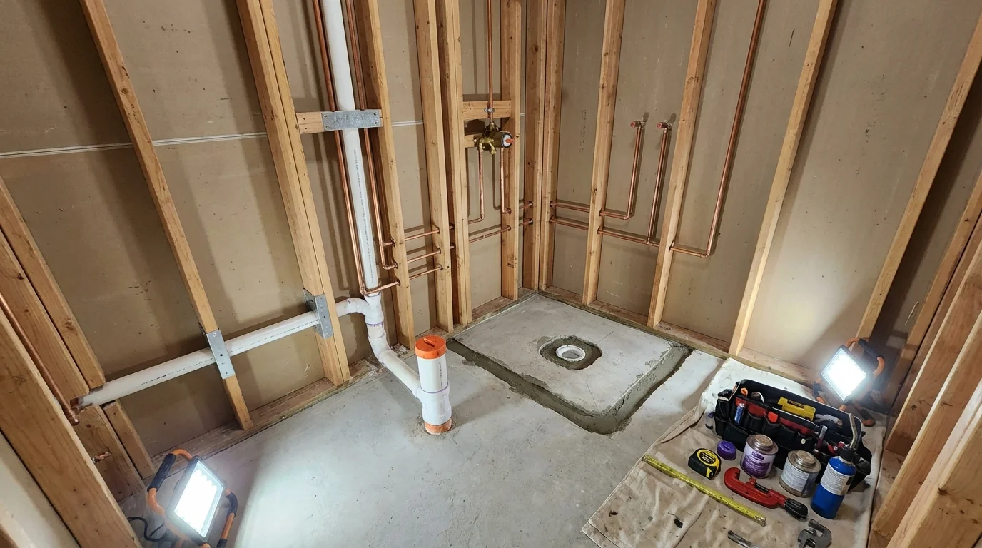Bathroom rough-in plumbing during remodel by Johns Plumbing LLC in Center Hill