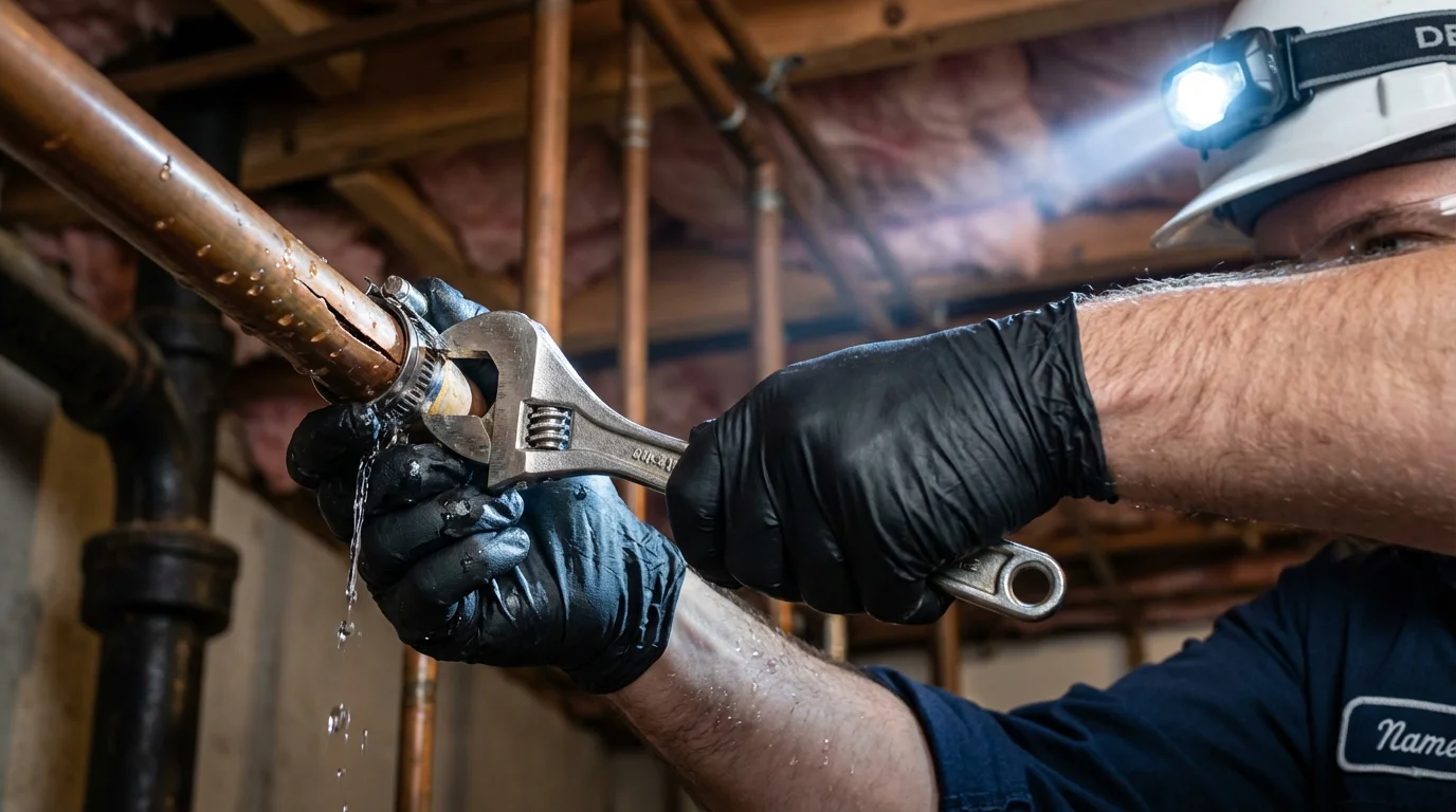 Emergency pipe clamp repair being performed by a Johns Plumbing LLC plumber in Center Hill