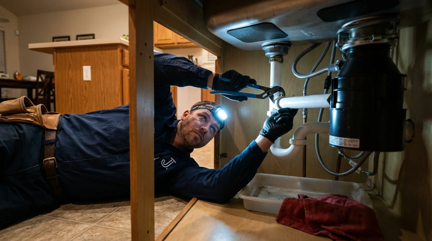 P-trap and supply line connections under a kitchen sink showing a common leak point in Center Hill, FL